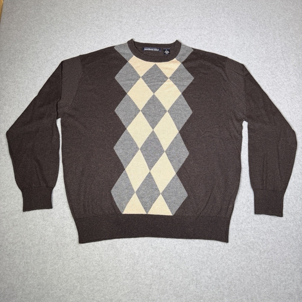 Northern Isles Silk Cashmere Argyle Sweater Brown Men's XL Academia Preppy EUC